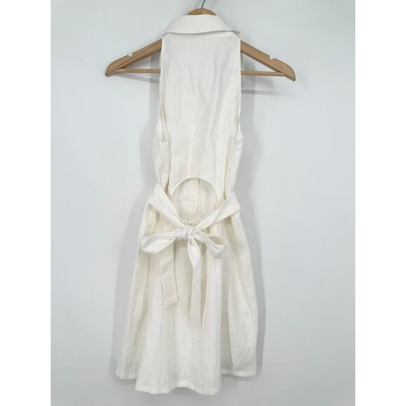 Hevron Domino Mini Dress 100% Linen Sleeveless Cut-Out Belted Shirtdress White - Picture 8 of 11